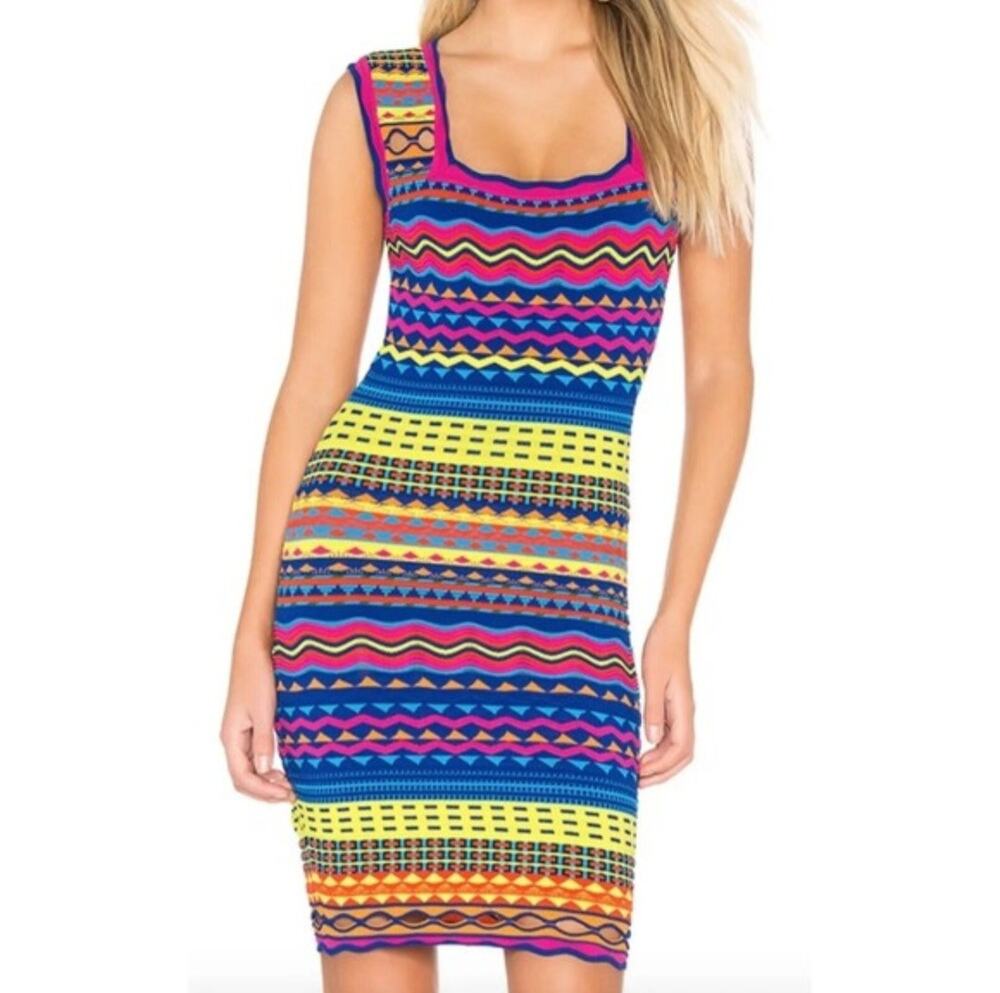 MILLY Neon Technicolor Geometric Knit Bodycon Mini Dress Size S Small